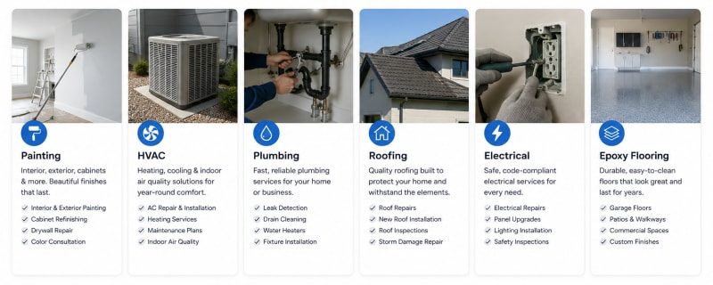 St. George home services category strip: painting, HVAC, plumbing, roofing, electrical, and epoxy flooring