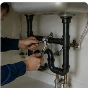 Technician tightening a P-trap under a sink